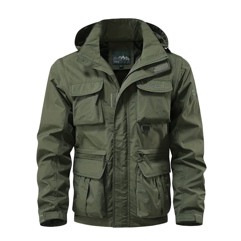 Outdoor Sport Waterproof Jacket - メンズ防風防水ジャケット、取り外し可能なフード付き、アウトドアレインコート、マルチポケットカジュアルウィンドブレーカー、ハイキング、キャンプ用
