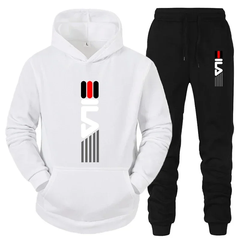 Outdoor Sports Outfit - メンズトラックスーツフード付きスウェットシャツ+スウェットパンツ2点セットスポーツスーツカジュアルジョガースポーツウェア2ピース男性フリースストリートウェアセット