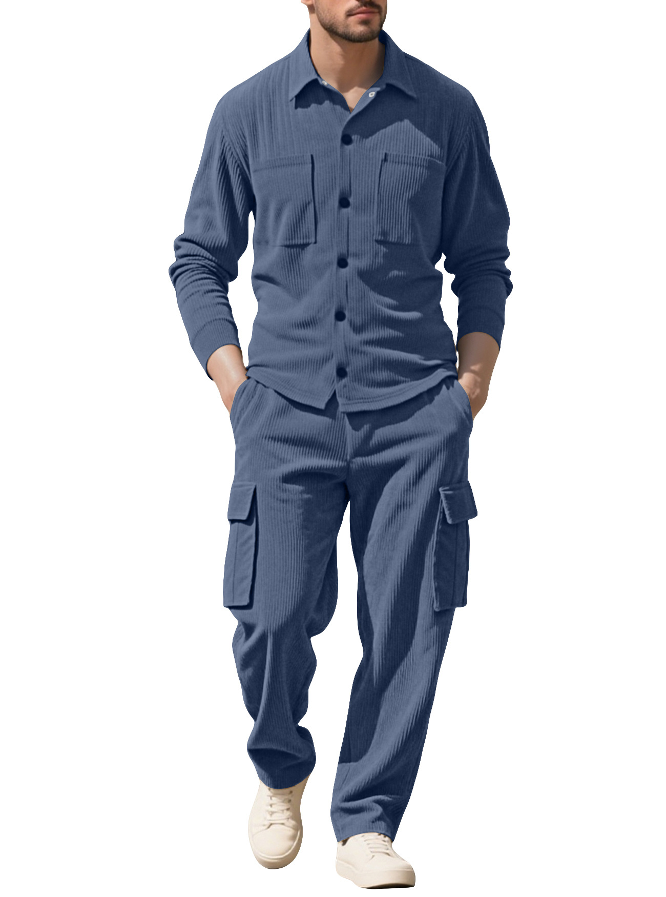 Outdoor Sports Outfit - メンズトラックスーツ コーデュロイ ワークウェア 2ピースセット ルーズフィット ラペルカラー