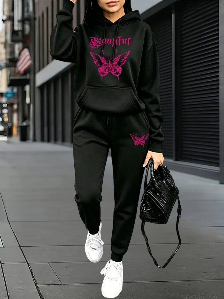 Outdoor Sports Outfit - 秋冬デイリーカジュアルスポーツジョガーセット パーカー+スウェットパンツ ホームアウトドア快適ウェア 2026年ファッショントラックスーツ 女性用