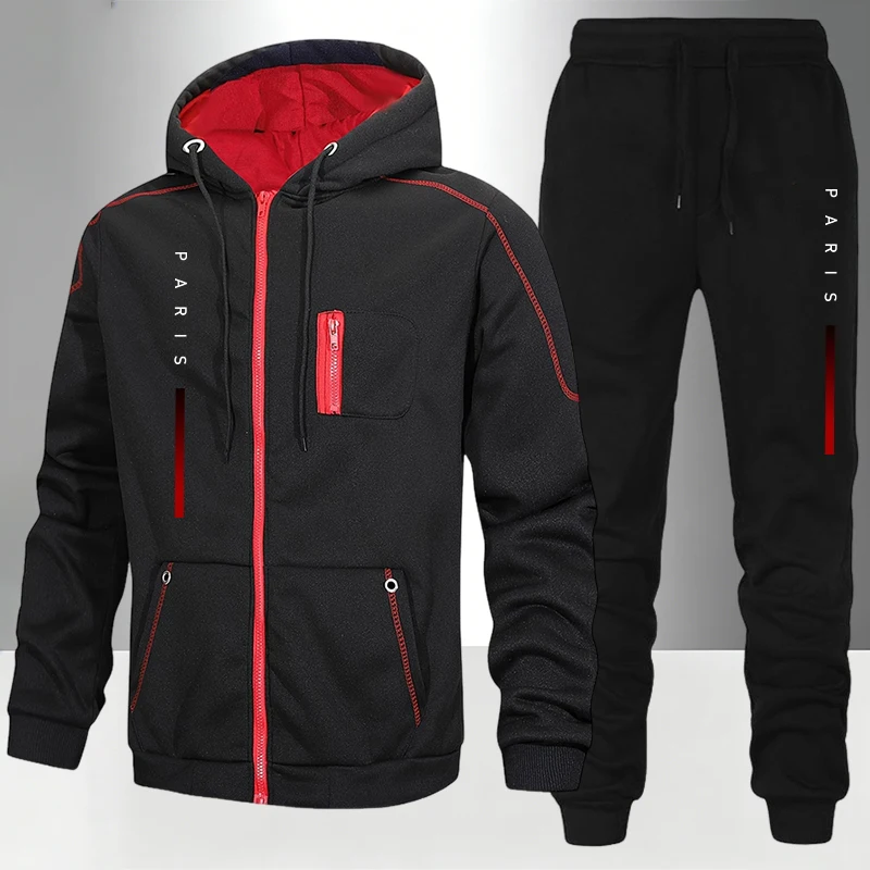 Outdoor Sports Outfit - メンズセット/コート/パンツパリファッションジッパーコートスウェットパンツ秋冬カジュアルスポーツトラックスーツアウトドアオートバイ暖かい服装