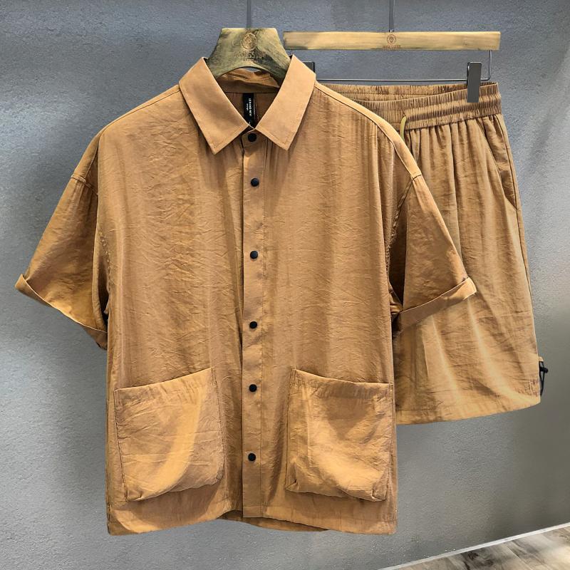 Outdoor Sports Outfit - アイスシルク冷却生地 メンズサマーカジュアルスポーツセット プラスサイズ 最大661ポンド 薄手半袖シャツ ファッションツーピースアウトフィット