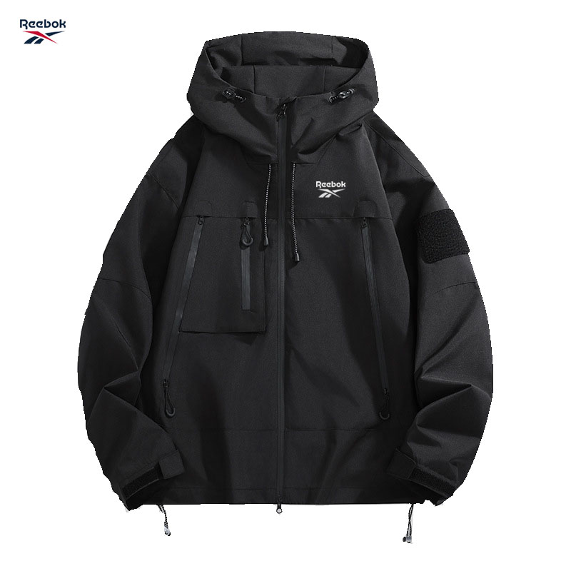 Outdoor Sport Waterproof Jacket - リーボック メンズ フード付きジャケット、ブラック 防水スライディング防風コート、マルチジップデザイン キャンプ用ルーズフィット ソフトシェル